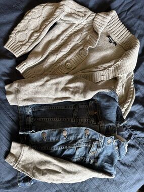 GreyCable-Knit Shawl Collar Cardigan Sweater and Jean jacket